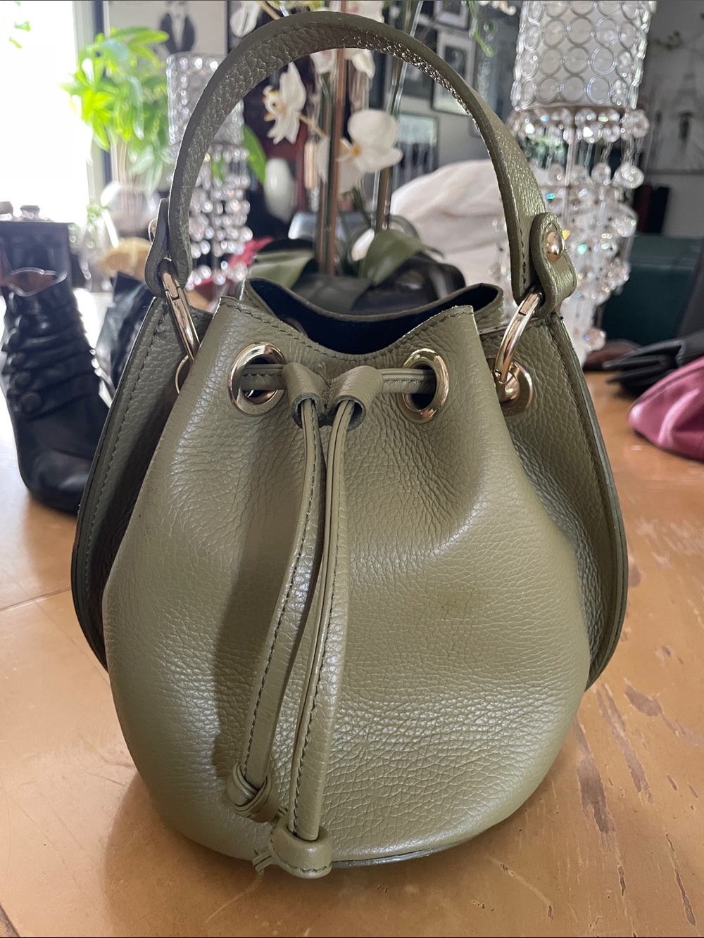 Anna Paola Olive Green Leather Drawstring Bucket Bag - Women- almost new